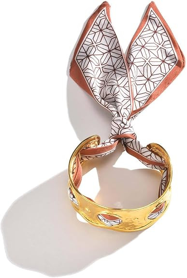 Women Trendy 2 in 1 Silk Scarf Wide Open Cuff Bangle Bracelet Set,18K Gold Plated Adjustable Scar... | Amazon (US)