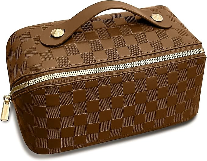 Travel Makeup Bag Large Capacity Cosmetic Bags for Women Organizer Checkered Bag (Square Brown). | Amazon (US)