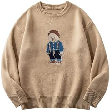 SHENHE Men's Oversized Crew Neck Cute Bear Sweater Vintage Unisex Preppy Graphic Sweater Jumper | Amazon (US)