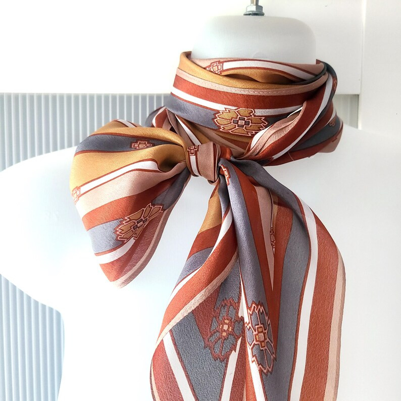 Silk Skinny Scarf: Brown Burgundy Striped Floral Sash Belt Ribbon Hair Tie, Japan | Etsy (US)