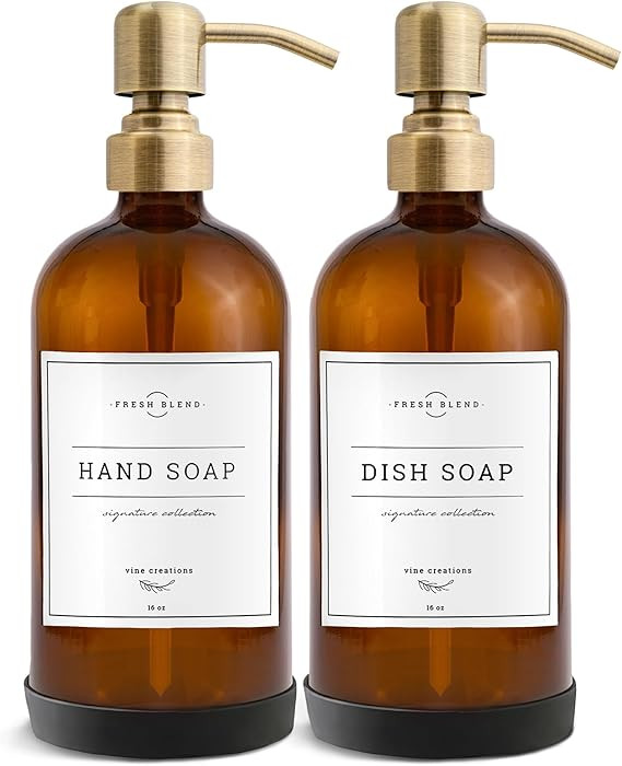 Vine Creations Amber Glass Soap Dispenser, 2 Pack Kitchen Soap Dispenser Set with Stainless Steel... | Amazon (US)