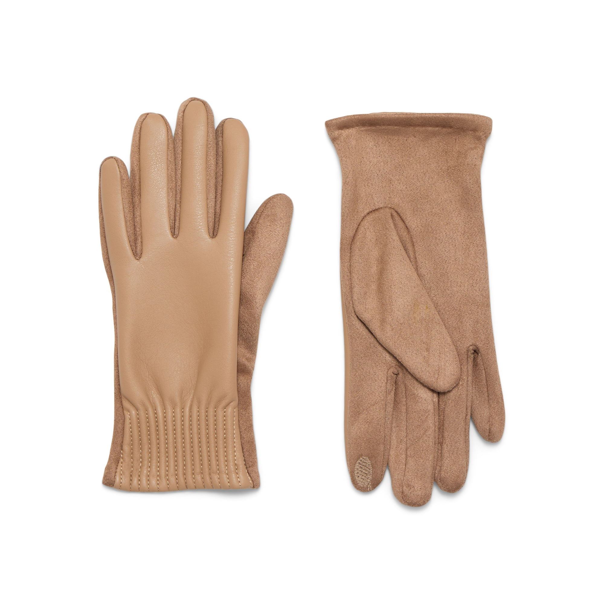 Time and Tru Women's Pleated Cuff Faux Leather Gloves, Tan, Size S/M | Walmart (US)