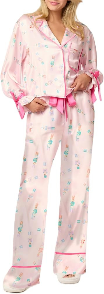 Aopwsrlyi Women 2 Piece Christmas Pajamas Set Bow Tie Long Sleeve Button Down Shirt Pants Set Sat... | Amazon (US)