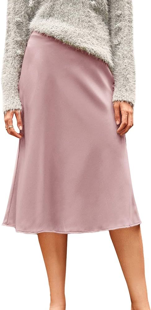 Verdusa Women's Elegant High Waist Satin A Line Flared Midi Skirt | Amazon (US)