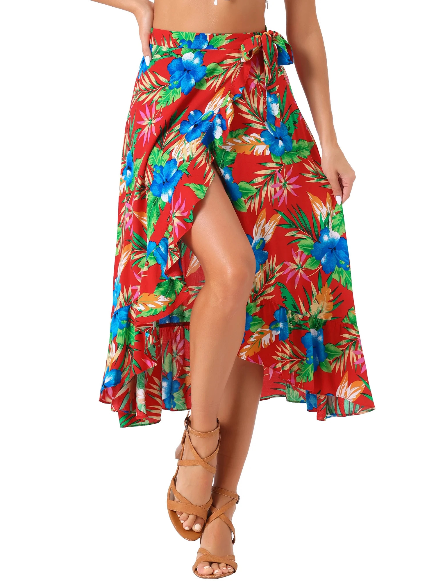 INSPIRE CHIC Women's Tropical Floral Print Ruffle Self Tie Knot Split Beach Hawaiian Wrap Skirt M... | Walmart (US)
