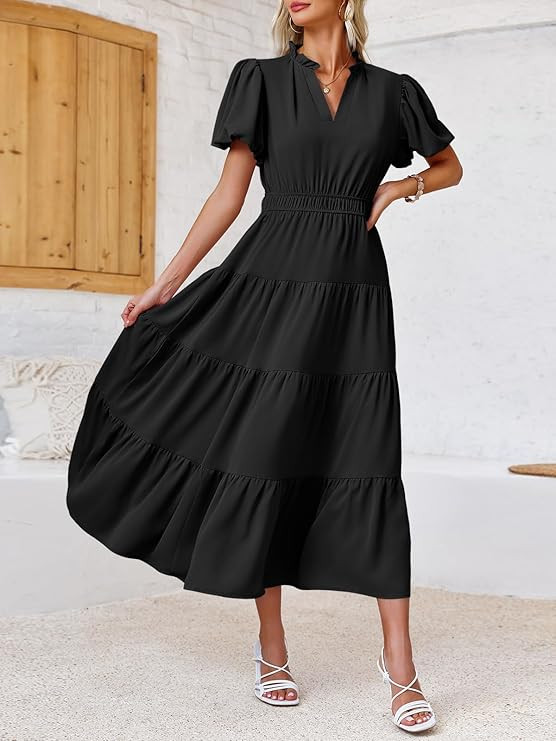 Wenrine Womens Summer Midi Dress Puff Short Sleeve V Neck Flowy Tiered Beach A-Line Dresses | Amazon (US)