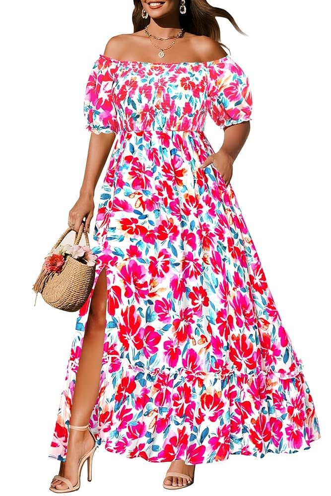 Plus Size Summer Dresses Sun - Maxi Boho Casual Off Shoulder Floral Lace Long Dress with Pockets | Amazon (US)