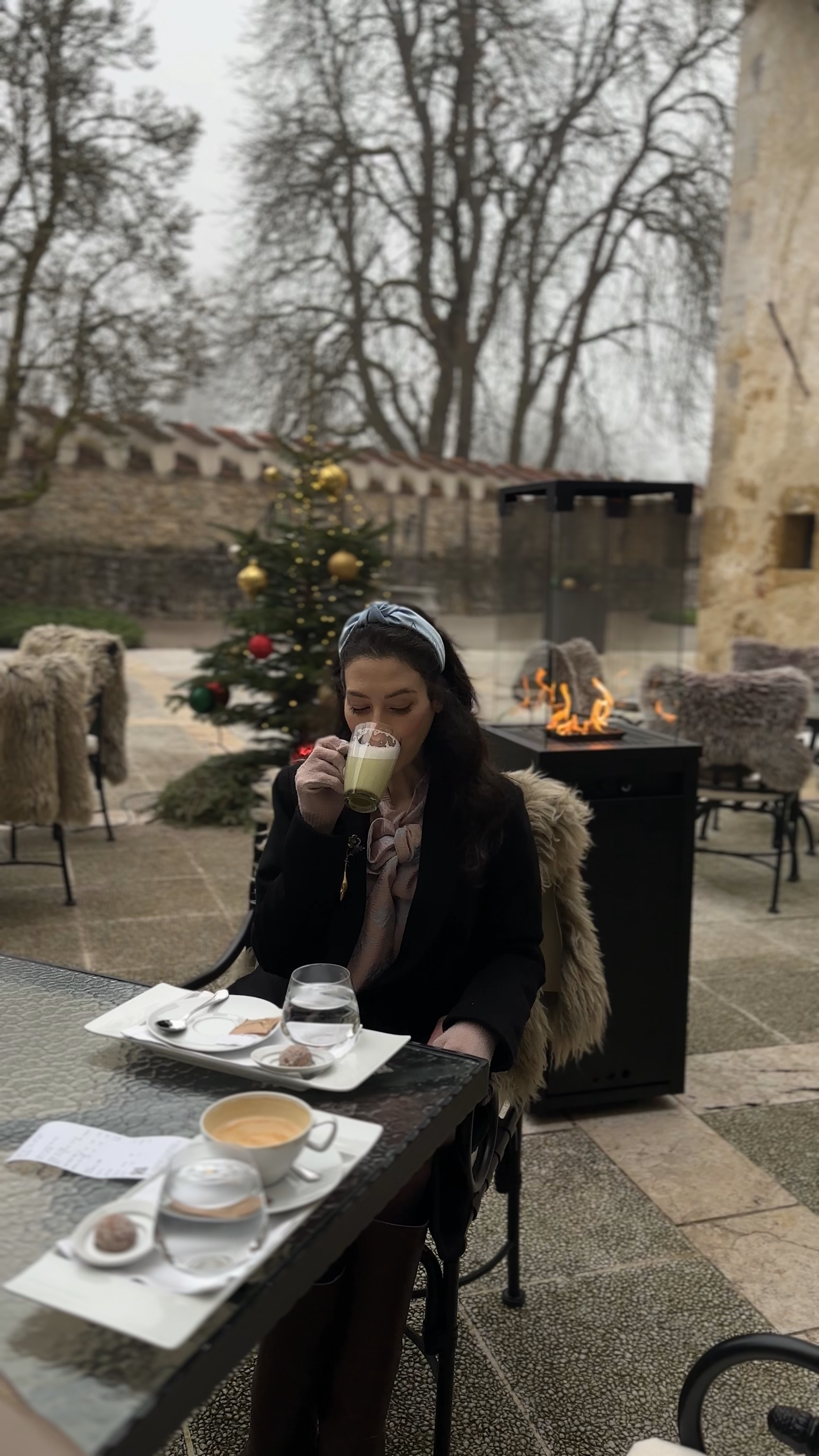 icy blue headband, casual Christmas outfits, classy Christmas outfit, Christmas outfits for women, holiday outfits Christmas,  Christmas coffee date outfit, matcha latte aesthetic, winter café style, outdoor firepit Christmas, black coat outfit, blue headband styling, pink scarf winter, festive café scene, cozy Christmas date, holiday coffee shop, winter date outfit, European Christmas café, sophisticated winter look, Christmas tree café, festive hot drinks, elegant winter layering, holiday date ideas, Christmas market coffee, cozy fire pit winter, romantic holiday atmosphere 

 #LTKHoliday #LTKdayinmylife #LTKootd