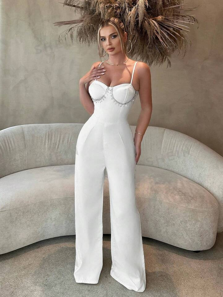 SHEIN SXY Rhinestone Detail Bustier Denim Cami Jumpsuit | SHEIN