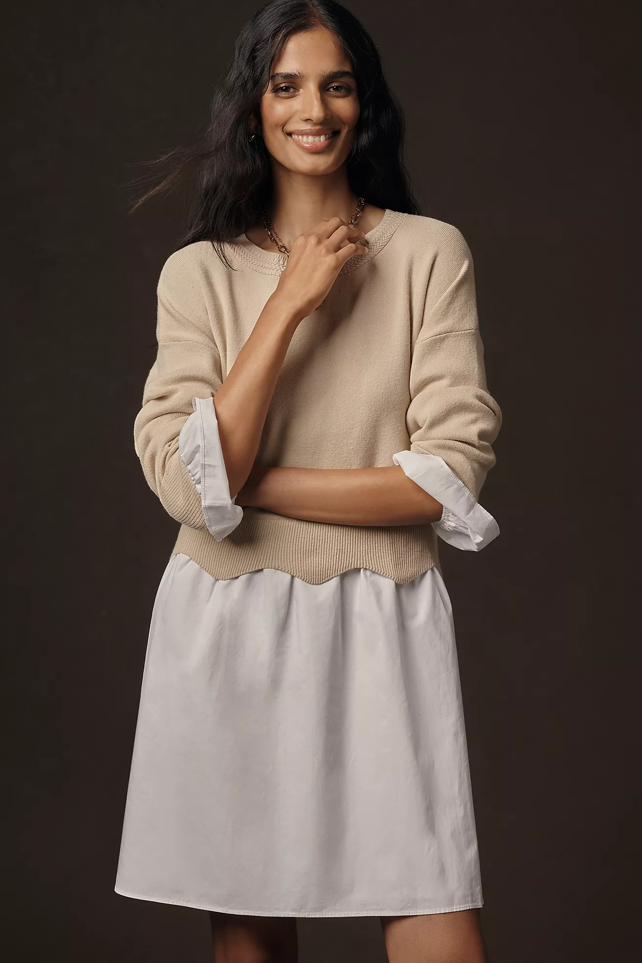 English Factory Linen Blend Long-Sleeve Sweater Twofer Mini Dress | Anthropologie (US)