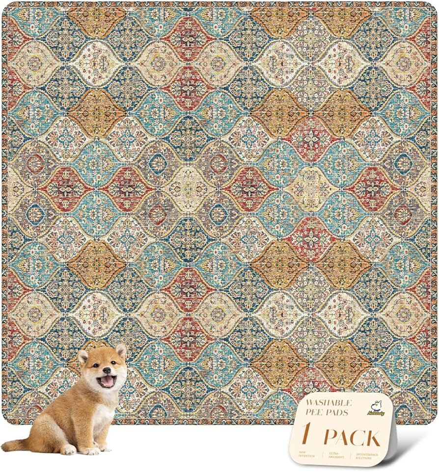 nunubaby Washable Pee Pads for Dogs, Stylish, Non-Slip and Leak-Proof Pee Pads. Reusable Potty Pads for Dogs for Crates and Floors.(Cream/Multi, 72" x72" ) | Amazon (US)