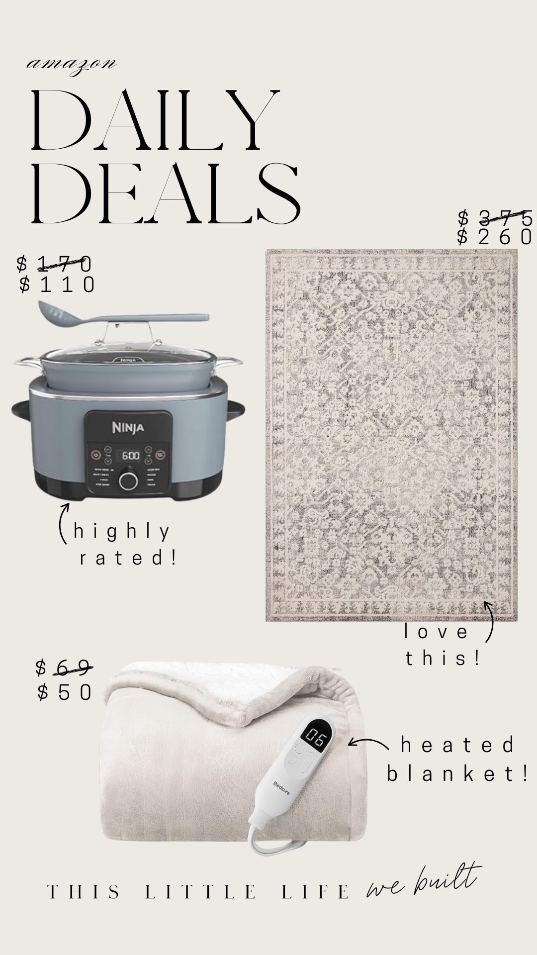 Amazon daily deals! 


Rug, crock pot, heated blanket, Amazon home, affordable home 

#LTKHome #LTKSaleAlert #LTKSeasonal