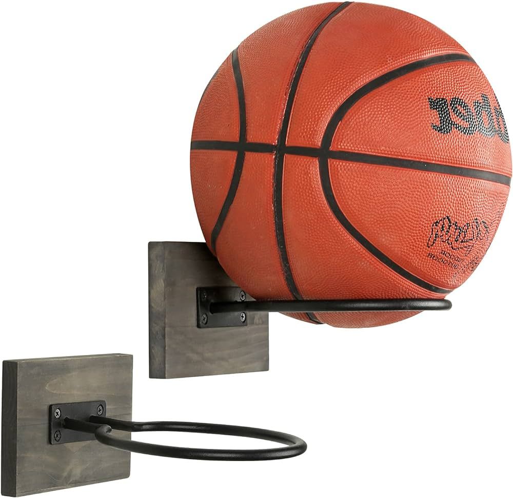 MyGift Wood & Metal Wall-Mounted Sports Ball Holder Storage, Set of 2 | Amazon (US)