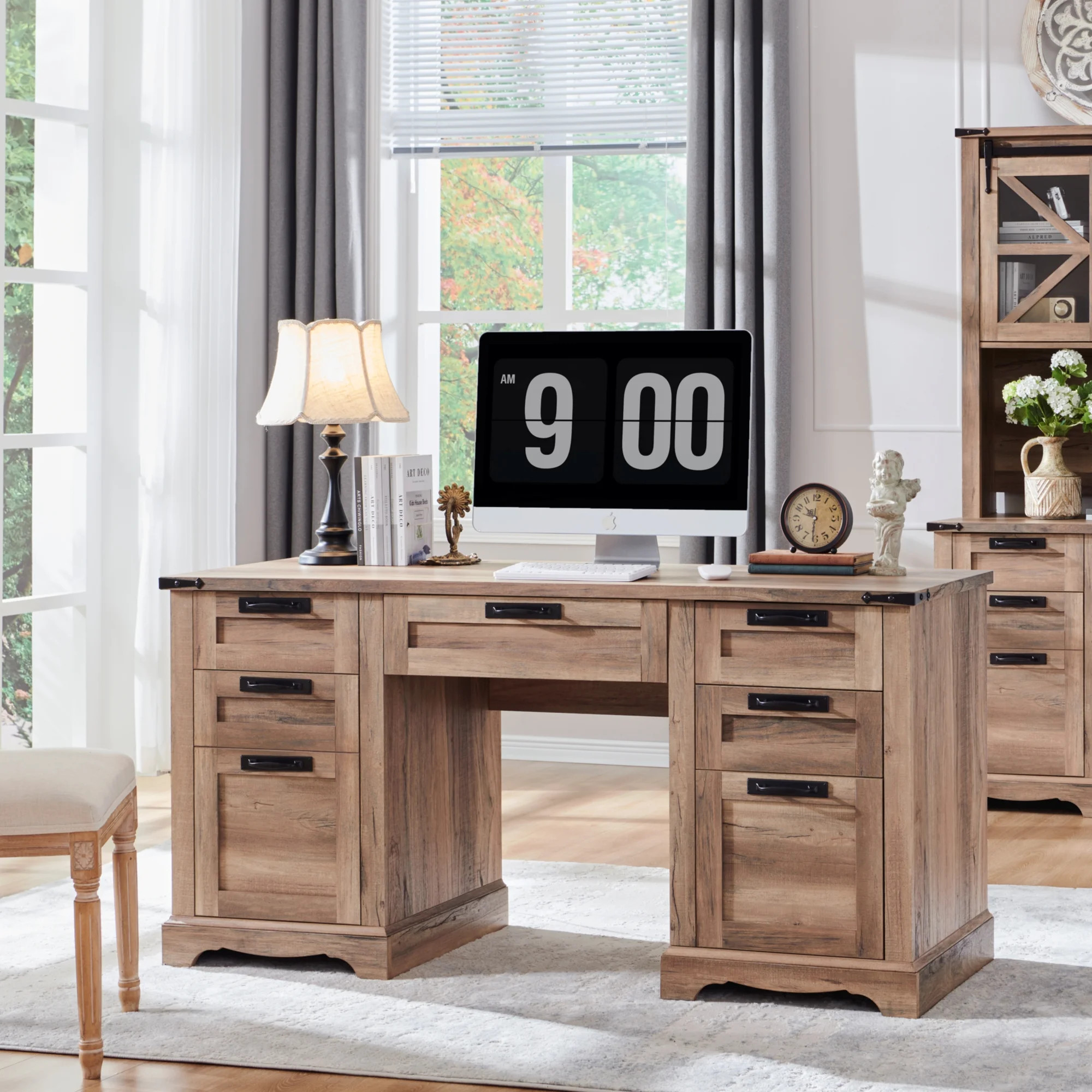 OKD Farmhouse Executive Desk, Rustic Office Desk with Charging Station and Keyboard Tray,Home Wor... | Walmart (US)