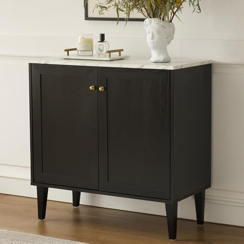 Black Accent Storage Cabinet Modern Freestanding Sideboard Buffet with Faux Marble Top Adjustable... | Amazon (US)