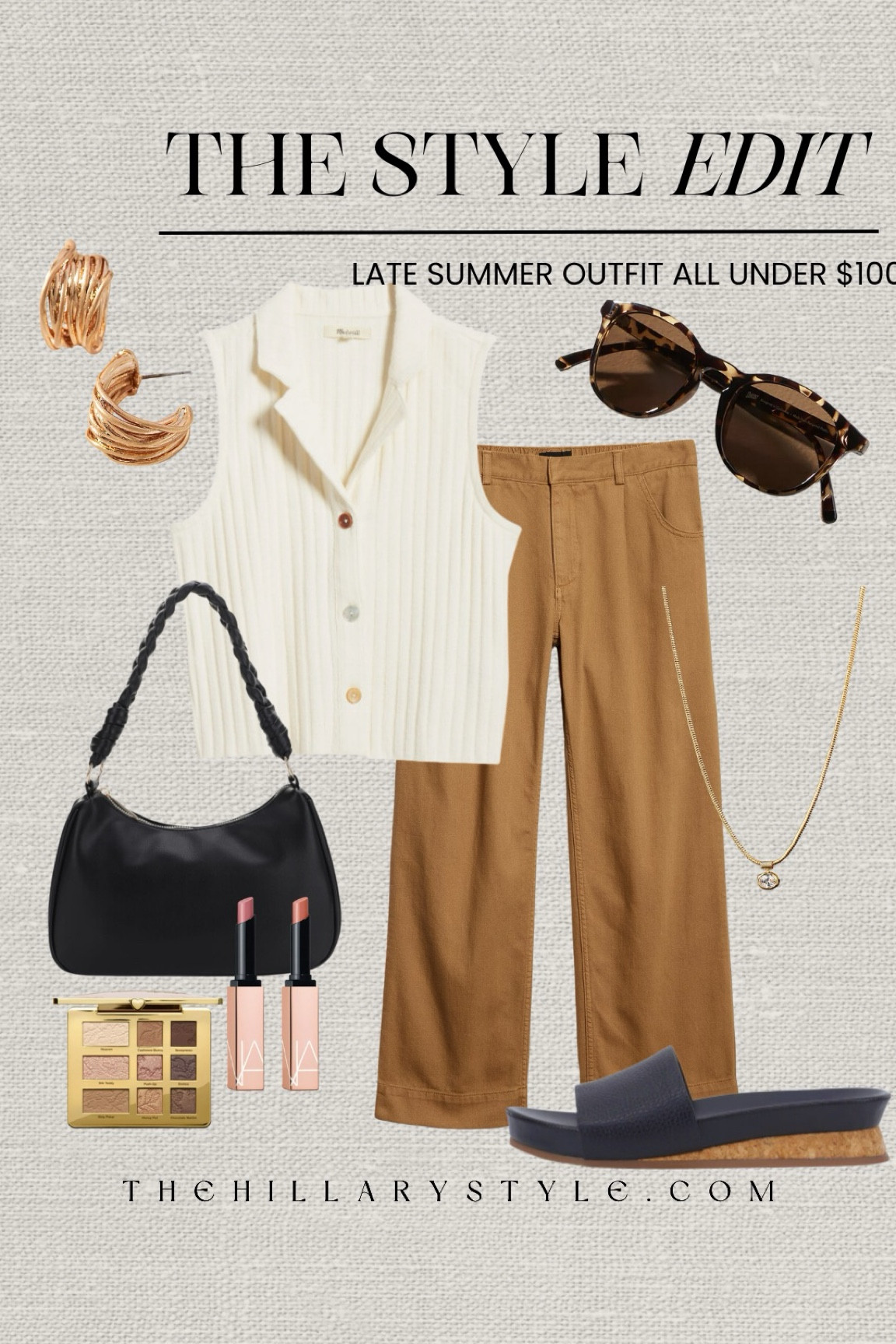 The Style Edit: Late summer transitional outfit all under $100. Twill pants, polo sweater tank, black slides, black shoulder bag, gold earrings, tortoiseshell sunglasses, gold pendant necklace, lipstick, neutral eyeshadow pallet. Banana Republic, Madewell, Nordstrom, Vince Camuto, Mali + Lili, Too Faced, NARS, Anthropologie:

#LTKFindsUnder100 #LTKSeasonal #LTKStyleTip