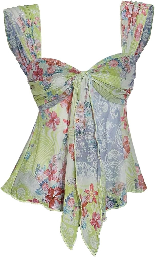 Milumia Women's Floral Mesh Ruched Tank Top Y2k Tie Front Sleeveless Flowy Going Out Tops | Amazon (US)