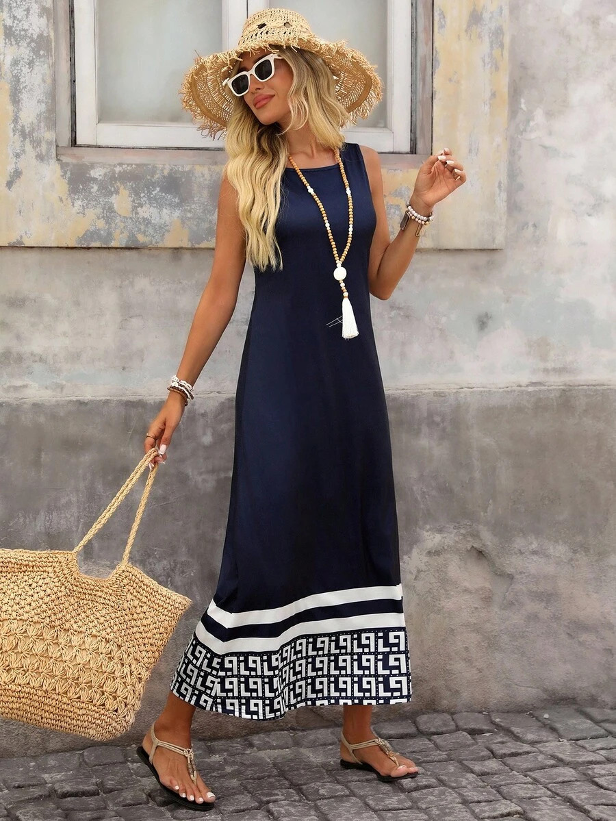 Brillora Women's Casual Elegant Geometric Pattern Round Neck Loose Long Dress, Suitable For Summe... | SHEIN