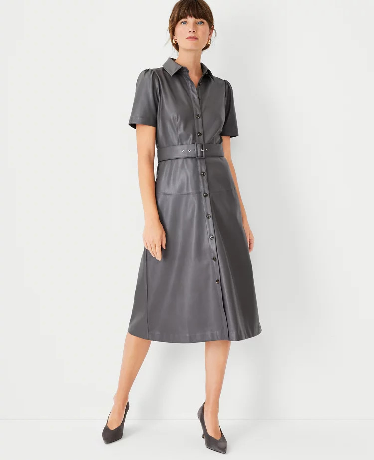 Faux Leather Midi Shirtdress | Ann Taylor (US)