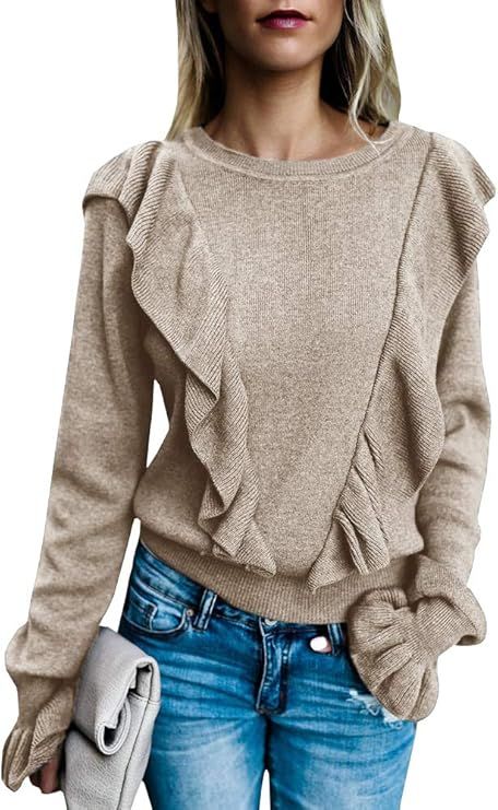 Valphsio Women's Long Sleeve Ruffle Front Rib Knit Shirt Crewneck Puff Pullover Cute Tops | Amazon (US)