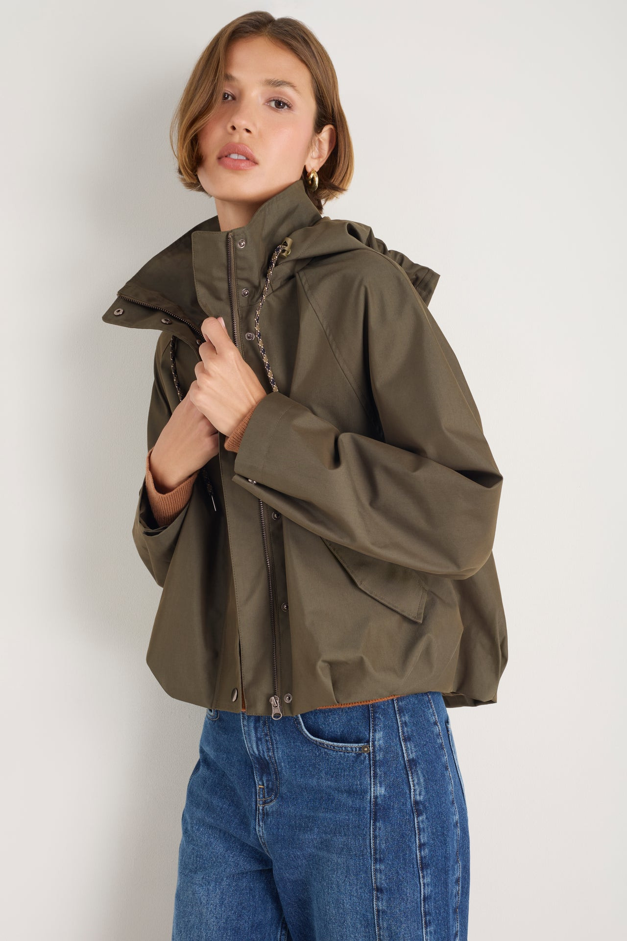 Billie Funnel Hooded Bomber Jacket - Soft Khaki | WYSE London