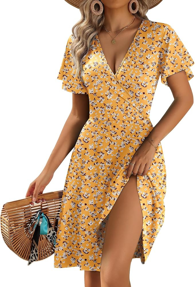Zeagoo Womens Summer Dresses Wrap V Neck Dress Floral A-Line Ruffle Sleeve Casual Sundress with P... | Amazon (US)