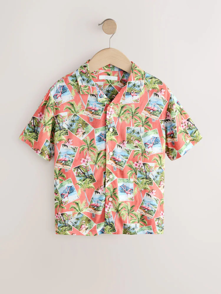 Peach Pink Postcard All Over Print Short Sleeve Revere Collar Shirt (3-16yrs) | Next US