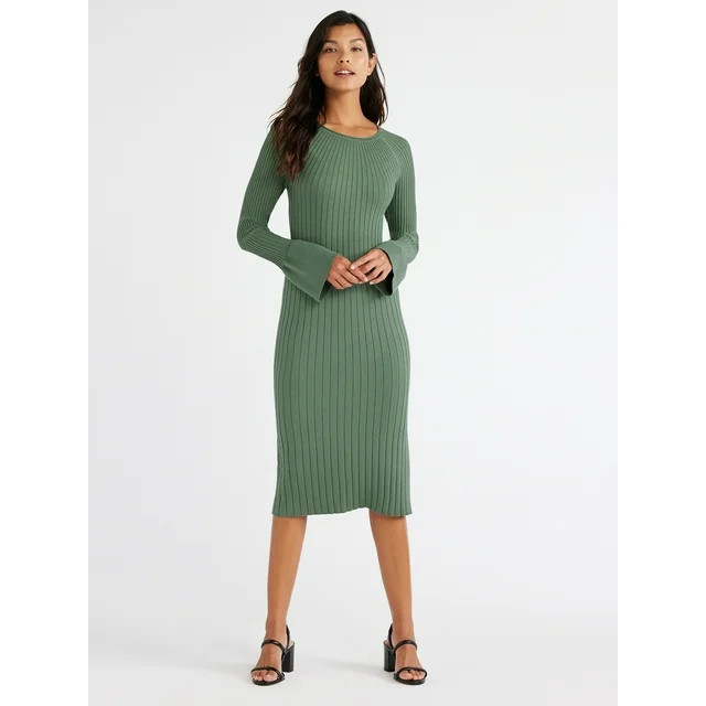 Free Assembly Women's Radiating Ribbed Midi Dress with Long Sleeves, Sizes XS-XXXL | Walmart (US)