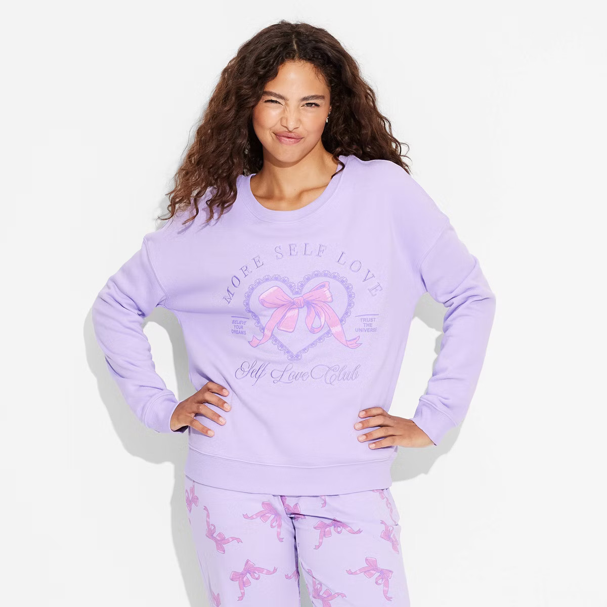 Women's Self Love Bow Cozy Graphic Sweatshirt - Purple M | Target