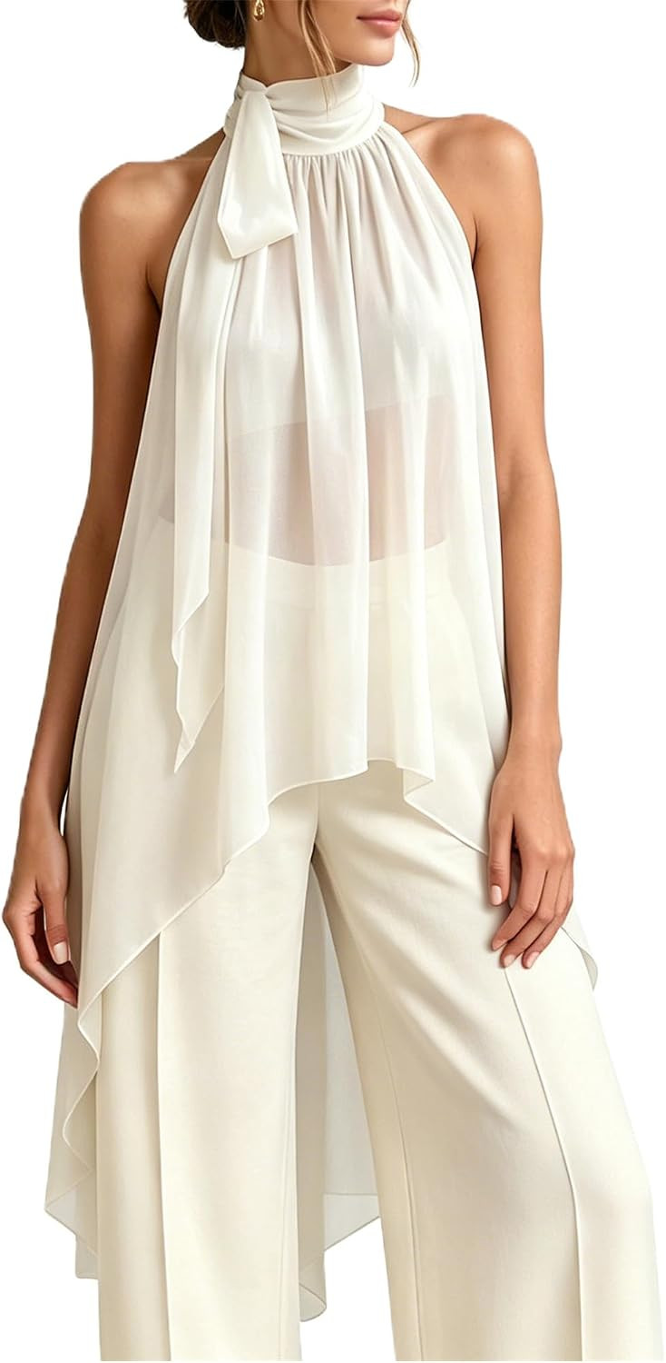 Dressy Halter Tank Tops for Women Sheer Chiffon High Low Tops Bow Tie Mock Neck Sleeveless Asymmetrical Flowy Tunics | Amazon (US)