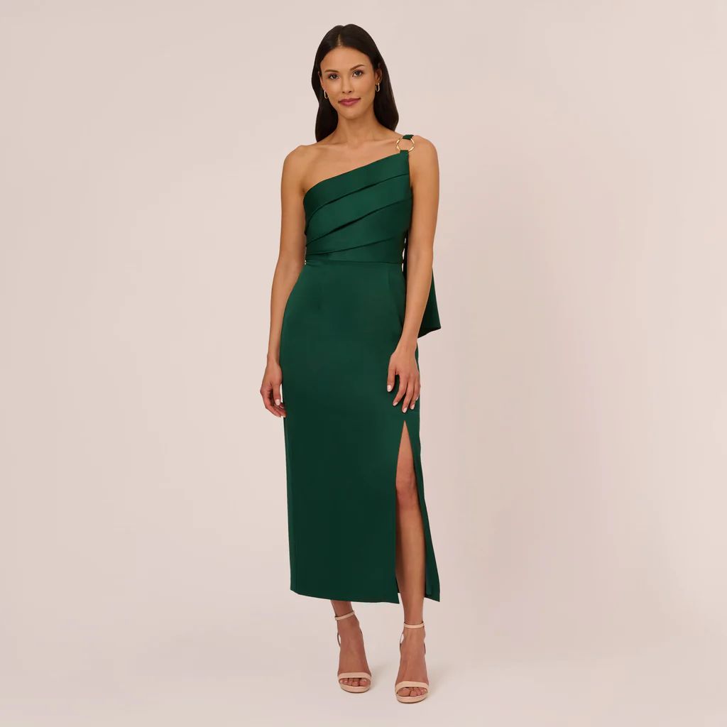 Satin Crepe One Shoulder Gown With Metal Ring Accent In Deep Forest | Adrianna Papell
