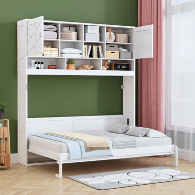 Queen Size Wall Murphy Bed with Storage & Diamond Stripes – Space-Saving Foldable Bed with Hydraulic Lift System, 600 lb Capacity, Modern Pinewood/MDF | Wayfair North America