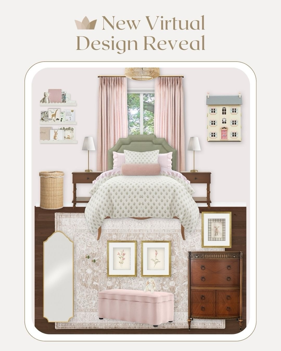 A classic girls bedroom with a soft, timeless twist 🤍⁠
⁠
For this virtual design, we created a classic girl’s room that blends traditional charm with sweet, feminine details—think blush pink drapery, a sage green upholstered headboard, warm wood tones, and layered cozy textures.⁠
⁠
One of my favorite parts of this design was incorporating the client’s antique dresser (an heirloom piece with so much character!). It instantly made the room feel personal, collected, and truly one-of-a-kind.⁠
⁠
This room was designed to grow with her—beautiful now, and still just as timeless years from now.⁠
⁠
Full design details on the blog!
⁠
Design by @littlecrowninteriors⁠
⁠
⁠
⁠
#girlsroomdecor #girlsbedroomdesign #kidsroomdesign #kidsroomdecor #nurserydesign nurserydecor childrensroomdecor interiordesign interiordesigner virtualinteriordesign blushpinkdecor sagegreeninteriors momlife newmom kidsbedroominspo

#LTKmomlife #LTKBaby #LTKHome