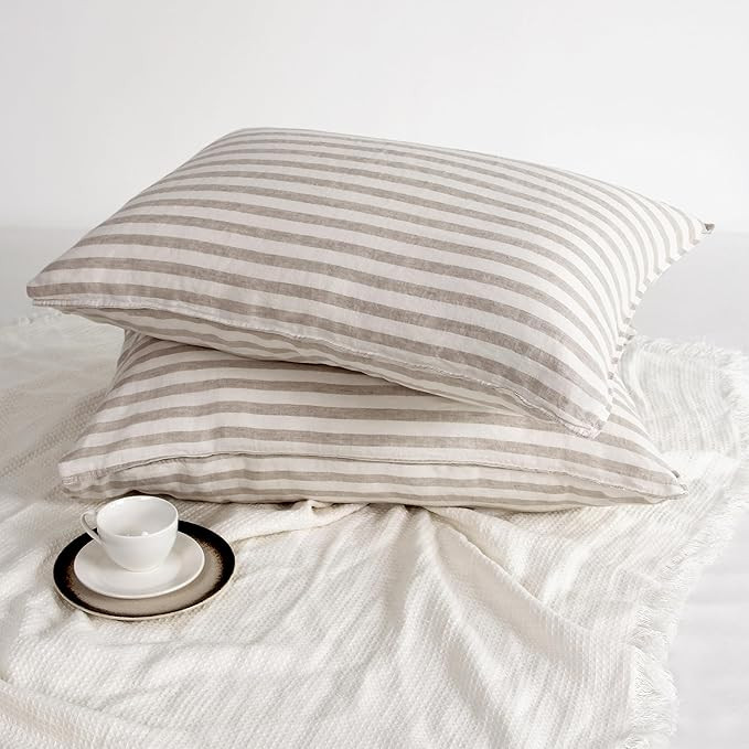 Linen World Striped Linen Pillow Cases Set of 2,20"x40" King Size,100% French Natural Flax Soft P... | Amazon (US)
