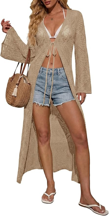 Saodimallsu Womens Crochet Beach Cover up Tie Front Bell Sleeve Lightweight Knit Long Cardigans S... | Amazon (US)