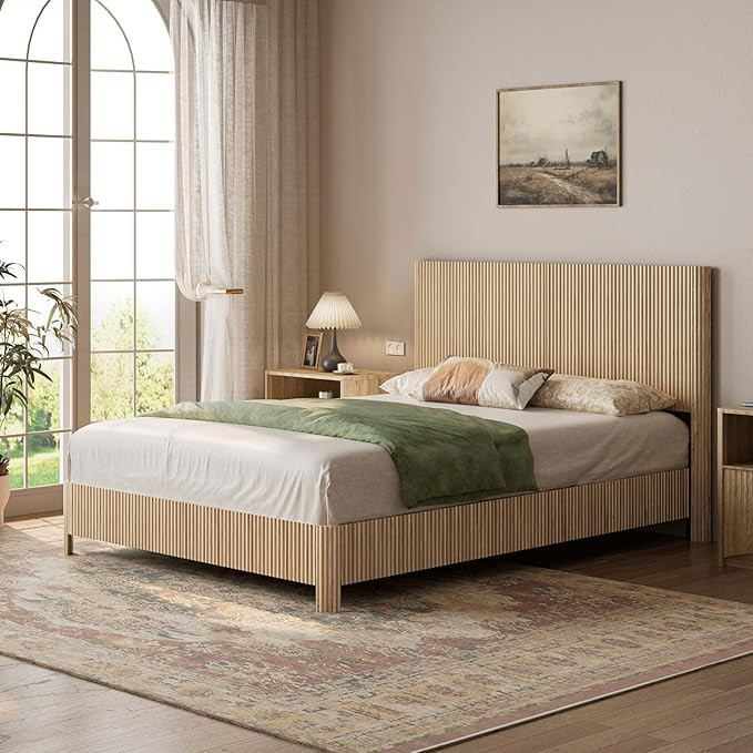 Evermagin Oak Queen Bed Frame with Headboard, Mid Century Modern Fluted Platform Bed, Boho Wooden... | Amazon (US)