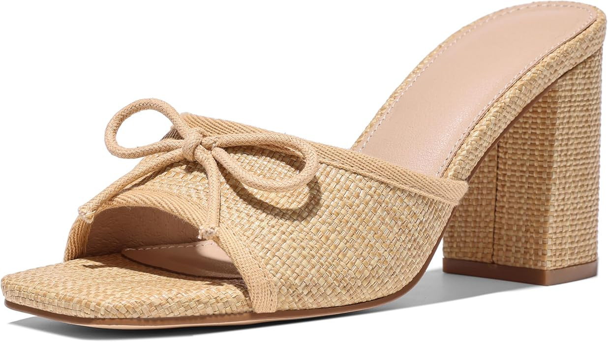 Erocalli Chunky Heels for Women Block Mules Sandals Square Open Toe - Bow, Summer, Raffia, Slip O... | Amazon (US)
