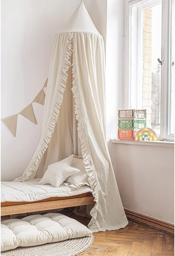 Bed Canopy with Frills Reading Nook Game Tent for Kids Boho Hanging Net Play Room Decor(Beige) | Amazon (US)