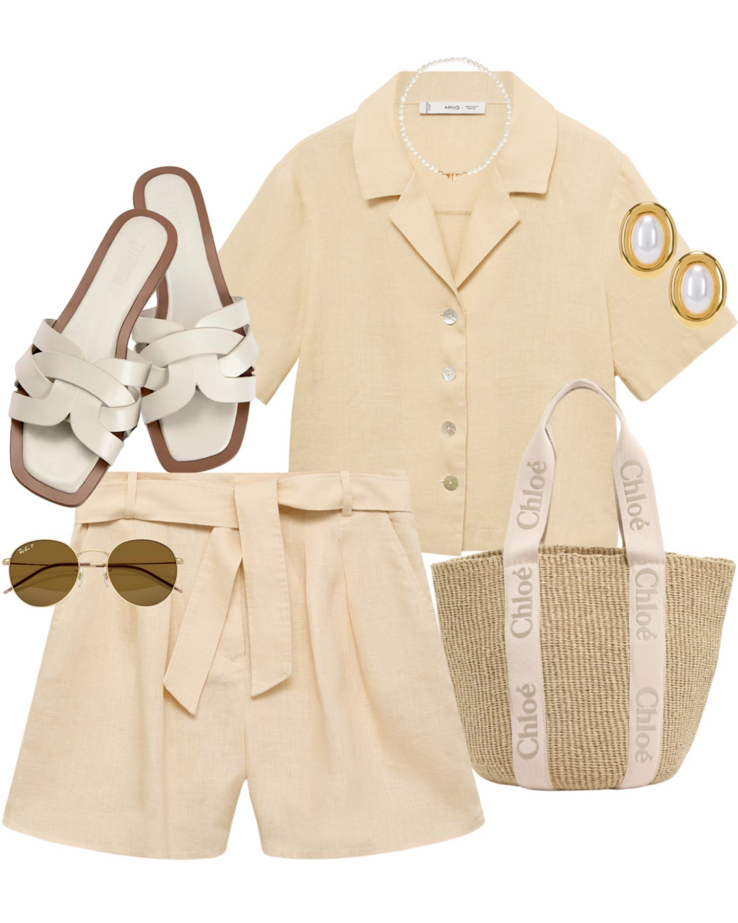 Butter yellow linen co ord set, short sleeve button up and belted shorts matching set, slides, Chloe tote bag and pearl accessories. Summer outfit, holiday outfit, co-ords, vacation style, pale yellow outfit.

#LTKeurope #LTKsummer #LTKstyletip