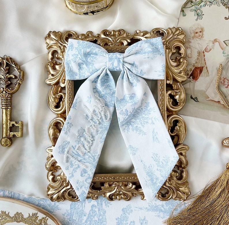 Blue Toile Sailor Pearl Custom Name Personalized Bow Bridal French Hair Clip Boy Baby Shower - Et... | Etsy (US)