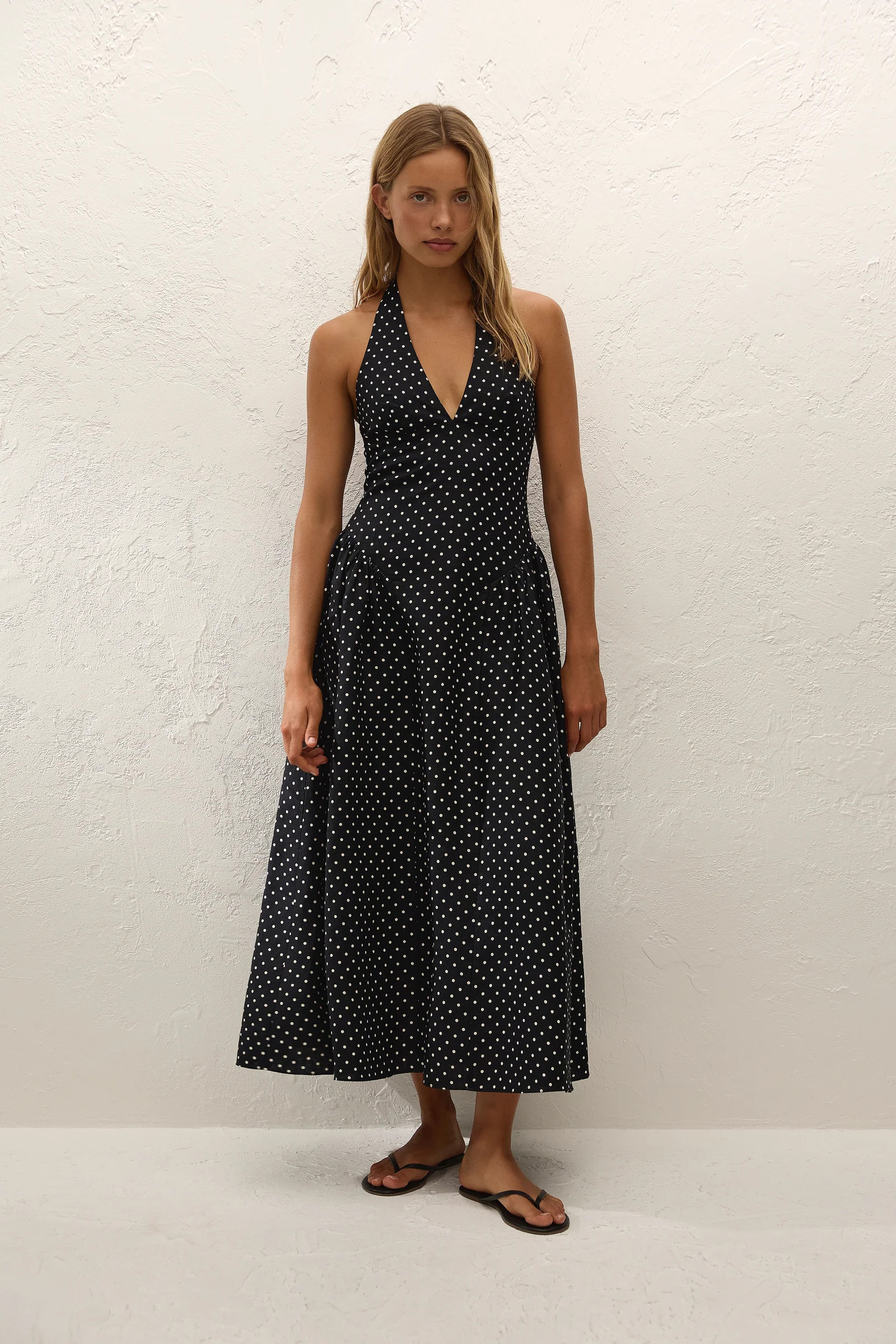 La Cala Midi Dress Lola Polka Dot Black Cream | Faithfull (AU)