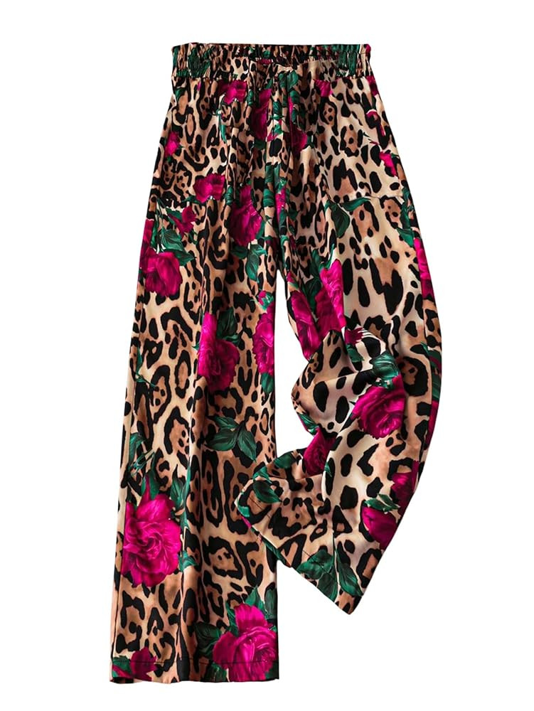 MakeMeChic Women's Floral Cheetah Print Pants High Waisted Tie Front Wide Leg Summer Vacation Tro... | Amazon (US)