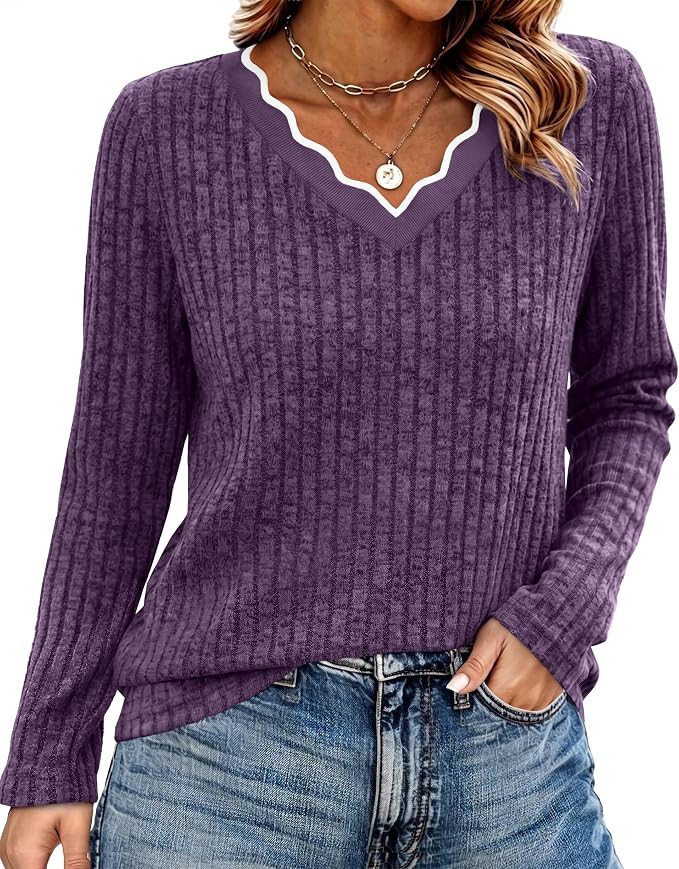 WIHOLL Long Sleeve Womens Shirts Lightweight Fall Tunic Top V Neck Sweaters | Cute Scallop Neck S... | Amazon (US)