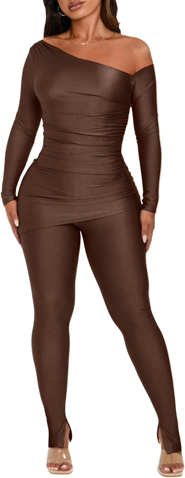 ENOPINK Off One Shoulder Pants Set for Women Fall Off Shoulder Sexy 2 Piece Sets Slit Long Pants ... | Amazon (US)