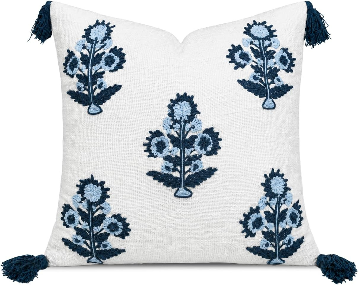 YugTex Hand Embroidered Russell Motif Decorative Square Accent Throw Pillow Cover - Couch, Sofa, Farmhouse, Bedroom - 20x20,Ivory | Amazon (US)