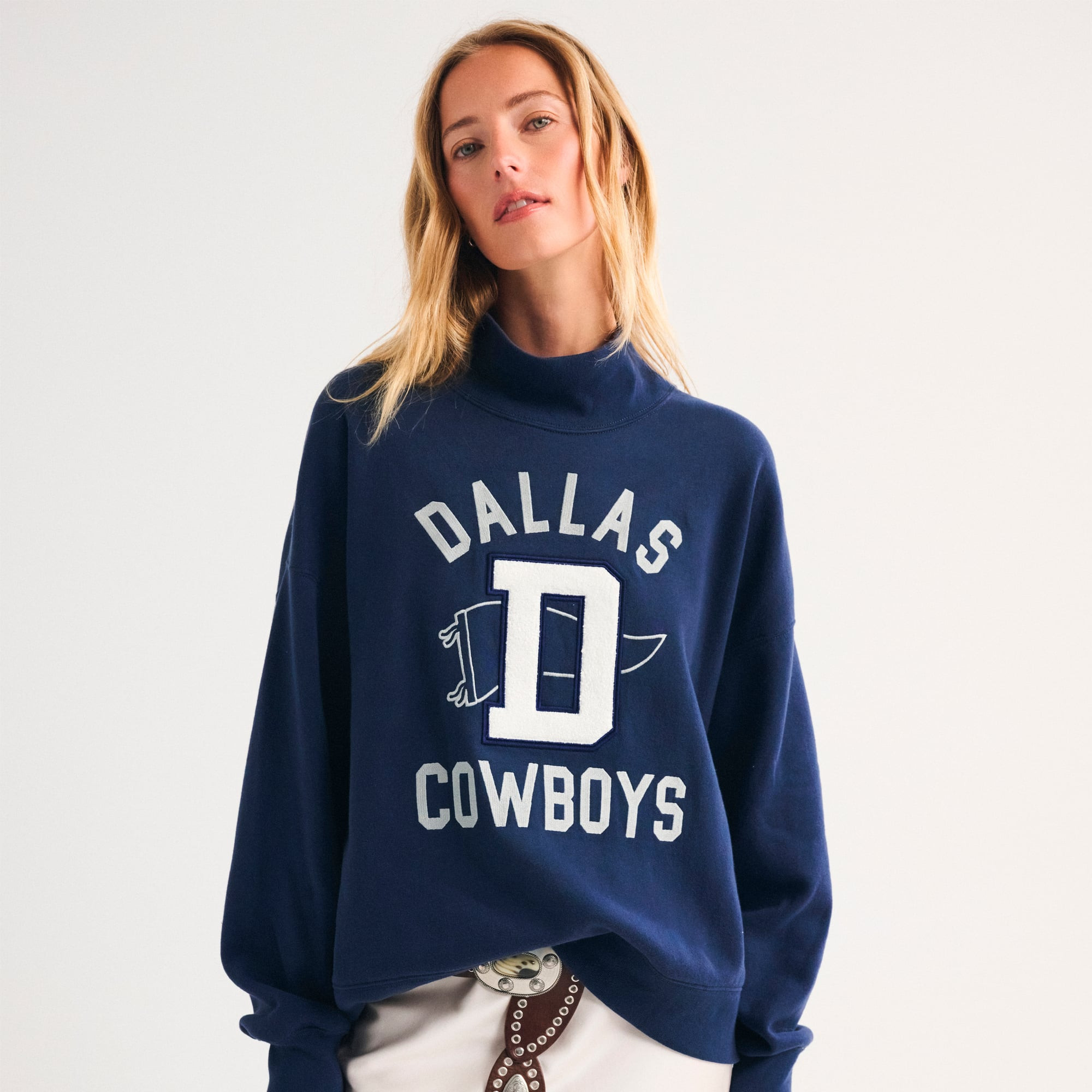 Women's Abercrombie & Fitch Navy Dallas Cowboys Sunday Oversized Funnel Neck Sweatshirt | Fanatics