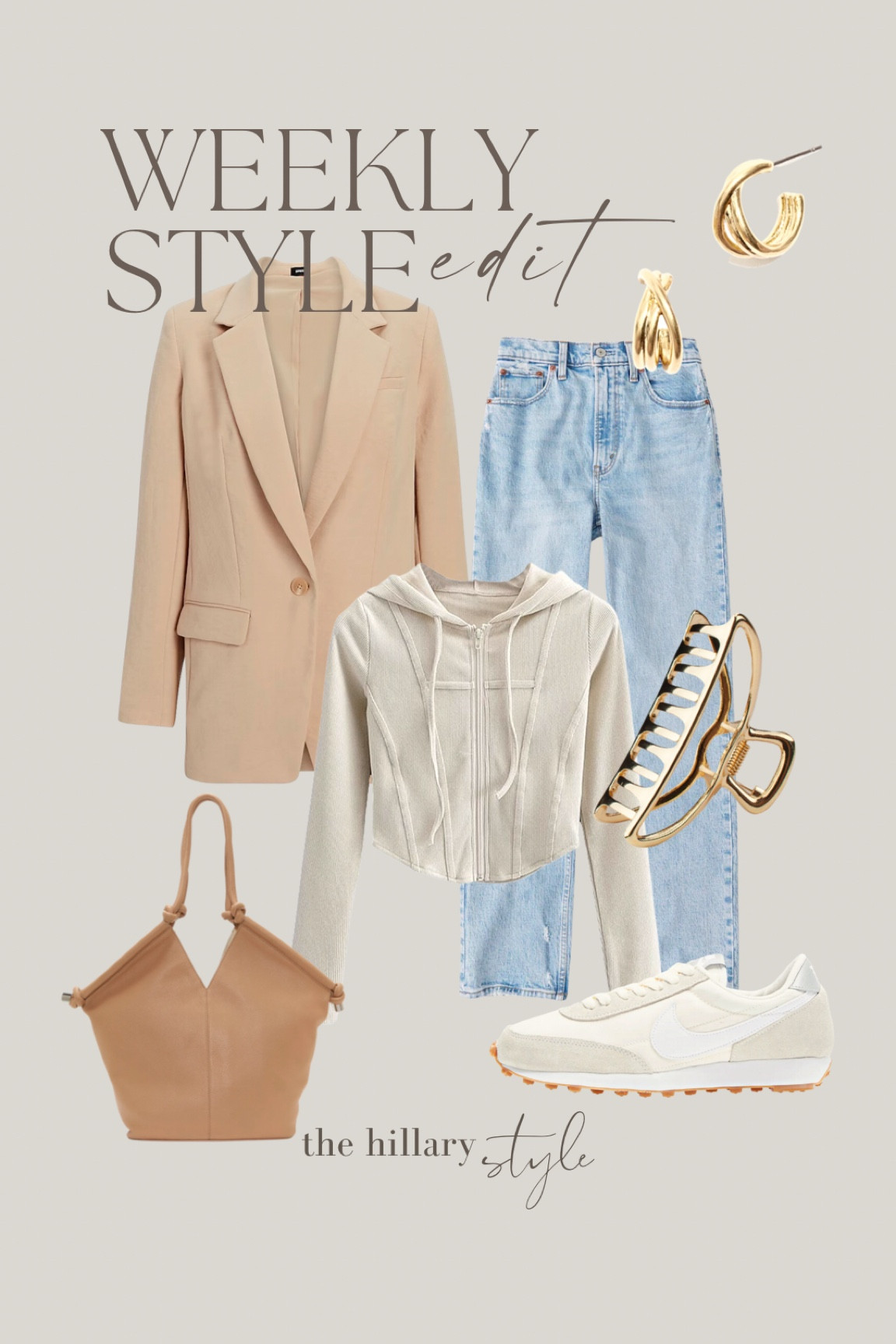 Weekly Style Edit: transitional outfit. Winter/Spring casual outfit of seasonal staples:  Hooded sweater, neutral blazer, jeans, tote, sneakers, gold hoops. #ootd

#LTKFind #LTKfit #LTKstyletip