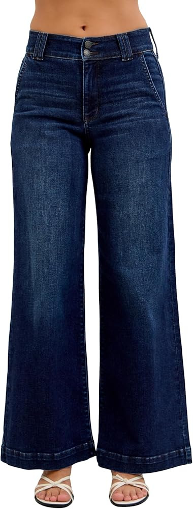 Judy Blue High Waist Dark Wash Wide Leg Trouser Jeans, Short Inseam 31" | Amazon (US)