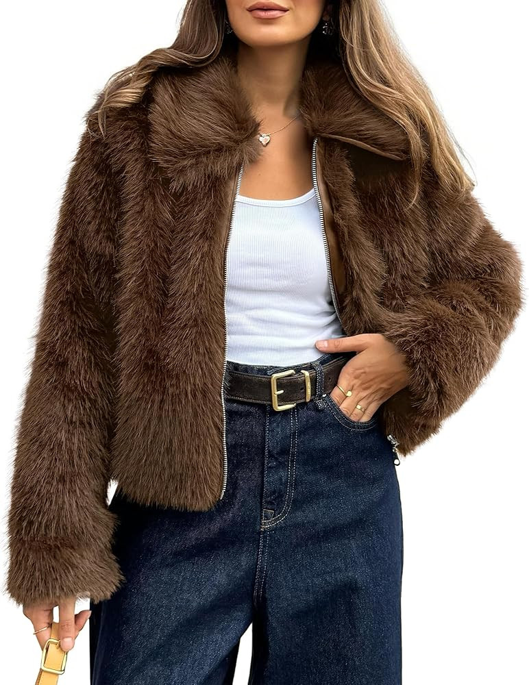 BTFBM Faux Fur Jacket Women Fluffy Winter Cropped Coats Zip Up Fuzzy Jackets Long Sleeve Furry Co... | Amazon (US)