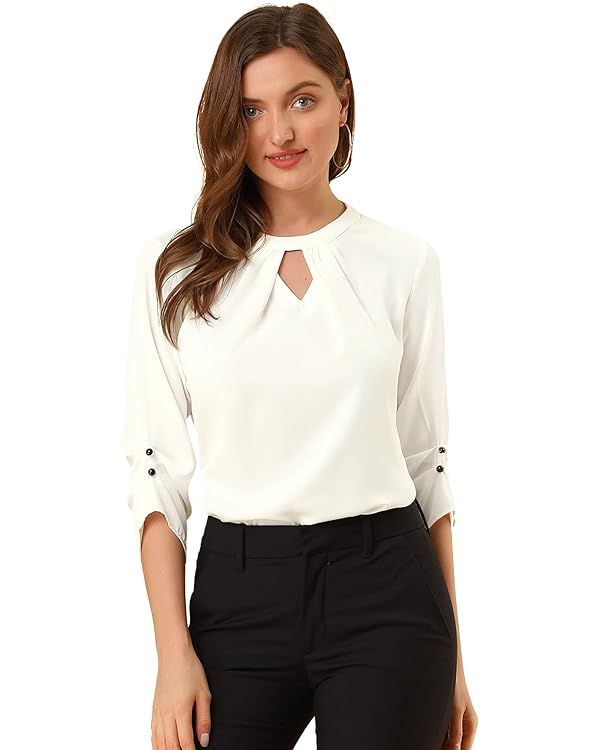 Allegra K Women's Work Office Keyhole Pleated Front Ruched 3/4 Sleeve Shirt Chiffon Blouse | Amazon (US)